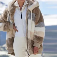 Maketina Winter Frauenjacke Mode Plüsch Patchwork Reißverschluss Tasche Mit Kapuze Retro Lose Langarm Plus Size Mantel Damen Hoodies Sweatshir