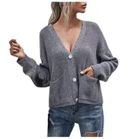 Kadın Sweaters Kadınlar V Boyun Düğmesi Down Hardigan İnce Dış Giyim Uzun Kollu Düz Renk Örgü Sweaterswomen's