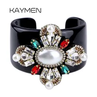 Brazalete de resina negro de lujo Declaración de brazalete con incrustaciones de cristal Flower Flower Bangle Fashion Bracelet para mujeres 220702