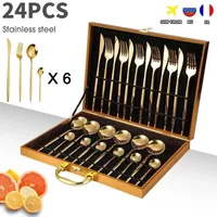 24PCS Cutlery Set Stainless Knife Fork Spoon Flatware Tableware Set Gold Gift Box Portable Dinnerware Dishwasher Kitchenware220609