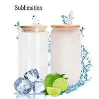 Stock de EE. UU. 3-5 días en blanco 12 oz de 16 oz de vidrio puede ser helada y botella de agua de jugo de verano con tapa de bambú de plástico paja de plástico taza de leche sublimación para regalo