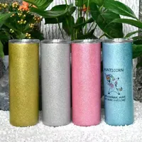 USA Warehouse 20oz Sublimation Straight Glitter Tumbler Skinny Tumblers Double Wall Vacuum Cups with Sealing Lid and Plastic Straw Water Bottle Drinking Cup B3