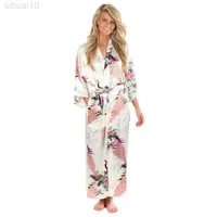 High Fashion Witte Zijde Kimono Robe Gown Chinese Stijl Vrouwen NachtKleding Lange Sexig Nachtjapon Bloem Maat SML XXL XXXL A-044 L220803