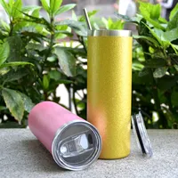 Local Warehouse 20oz Sublimation Tumblers Texture Powder Glitter Straight tumbler clear Straws & Lids Double Wall Vacuum Insulated Milk drinking Cups Z11