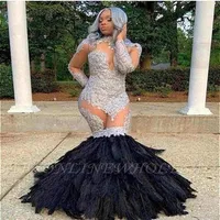 Vintage Long Sleeves Black Feather Silver Prom Dresses Sexy Illusion Bodice High Neck Appliques Fur Train Mermaid Party Occasion G229O