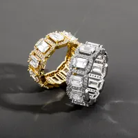 Hip Hop Rings With Side Stones Men&#039;s Iced Out Cubic Zircon Bling Rectangle Gold Silver Color CZ Jewelry Rings