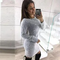 Casual Dresses CINESSD Women Plush Bodycon Dress Round Neck Long Sleeve Gray Autumn Winter Sheath Office Lady Solid Midi Pullovers289z