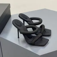 2022 Luxury A Wang Webbing Black High Heel Slippers and Sandals Women New Soft Bottom Stiletto High-Heeled Cat Heels Ladies Banquet Holiday Sandals