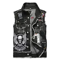 Motorcycle Biker Biker Denim Vest Multi Rivet Badge Patch Diseño Punk Rock Wistcoat Skull Bordado Bordado de jeans mangas Jeans Jeans