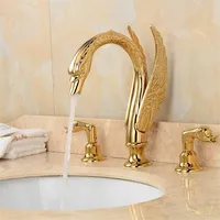 Soild rame oro oro rubinetto da bagno a forma di cigno a forma di cigno a forma di bacino a doppia maniglia mount242u