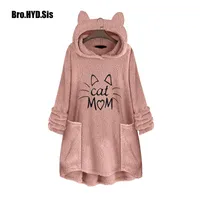 Women's Hoodies Warm Women's Fleece Cat Mom Letter Embroidered Fashion Double-sided Loose Fit Hooded Sweatshirt Pullover Sweaters Pink