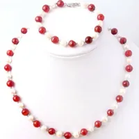 Natural 7-8mm White Freshwater Pearl Red Jade Round Gems Necklace Armband Set