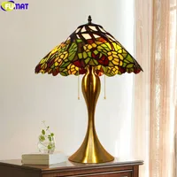 Fumat Tiffany Country Style Desk Lamp Orchid Stained Glass Tafel Lichte trekketen Switch Legering Goudframe Decoratieverlichting
