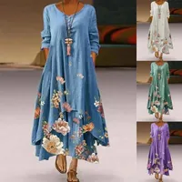 Casual Dresses Spring Summer Women Dress Floral Print Long Sleeve Maxi Elegant Plus Size Irregular Hem Female Vestidos