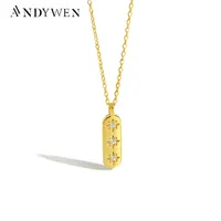 ANDYWEN 925 Sterling Silver Gold Square Pendant Three Zircon Necklace Long Chain Choker Luxury Jewelry Fashionable Jewels 220805