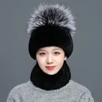 Real Rex Rabbit Fur Hat Scarf Sets Women Winter Warm Beanie Cap Fluffy Soft