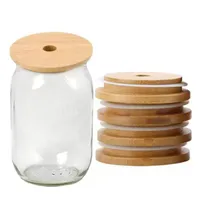 Bamboo Cap Lids 70mm 88mm Reusable Bamboo Mason Jar Lids with Straw Hole and Silicone Seal FY5015 F0413