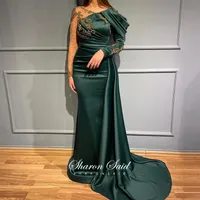 Party Dresses Luxury Emerald Green Mermaid Arabic Evening Dress For Women Wedding Long Sleeve Beaded Overskirt Elegant Formal Gown SS539Part