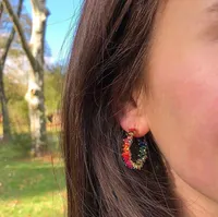 Hoop & Huggie Luxury Shiny Rainbow Cubic Zirconia Geometric Round Earrings For Women Bling CZ Iced Out Fashion JewelryHoop