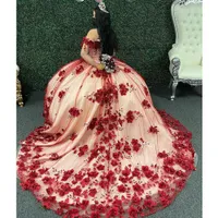 Dark Red Princesa Quinceanera Vestidos 3D Flores de contas Apliques de espartilho de laço-up Sweet 15 16 Dress Party Wear XV Anos