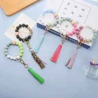 Keychains 1st Wood Beads Keychain for Keys Wristlet Armband Pendant Keyring Women Tassel Charms AccessorysKeyChains