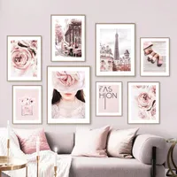 Gem￤lde rosa Pfingstrosen Paris Tower Mode Nagel Salon Wandkunst Leinwand Malerei Nordische Plakate und Drucke Bilder f￼r Wohnzimmer