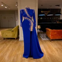 Royal Blue Mermaid Prom Formal Dresses 2021 Long Sleeve Beaded Applique Sexy Slit High Neck Arabic Trumpet Occasion Evening Gown239U
