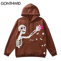 Gonthwid Hip Hop Streetwear Hoodie Sweatshirt Skeleton Patch Fleece Hooded Mens Harajuku Winter Katoen Pullover Bruin 220325