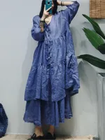 Casual jurken losse jurk 2022 zomer vrouwen eenvoudige gesplitste ramie dames retro v-neck knop drie kwart mouw jurkcasual