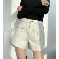 Натуральные кожаные шорты для женщин высокая талия мода дамы широкие ноги байкер шорты Femme повседневный стиль 220330