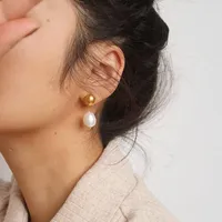 Dangle Kronleuchter Titan mit 18 Karat Gold Real Pearl Wassertropfen Ohrringe Frauen Schmuckparty T Show Kleid Runway Ruhige Korean Japan Trendy in