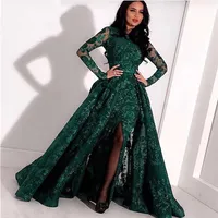 Green Long Sleeves Muslim Evening Dresses Lace Sequin Slit Dubai Kaftan Saudi Arabic Elegant Formal Dress Evening Gown239w