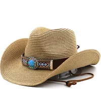 Summer Women Sun Beach Hats Men Straw Jazz Panamá Sombreros Fedora Fedora Wide Brim Protection Cap con sombrero de vaquero del cinturón