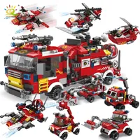 Huiqibao City Fire Fighting 8in1 Trucks Auto helikopter Boat Building Builds Firefighter Figures Man Bricks Toys For Children 220701