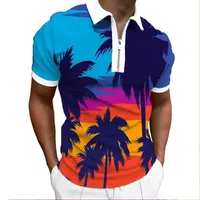 남성용 폴로 여름 남성용 짧은 슬리브 캐주얼 휴가 하와이 해변 코코넛 트리 3D 프린트 라펠 지퍼 셔츠 스포츠 탑 티셔츠 맨스 남성용 남성용 남성