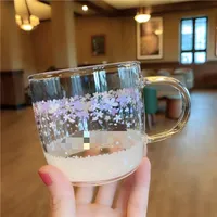 Последние 12 унций Starbucks Glass Coffee Mug Romantic Cherry Blossom, изменяющая цвет, водяной чашка, настройка для упаковки, настройка 664 E3, 664 E3