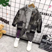 Clothing Sets Children Autumn Winter Kids Boys Clothes PU Leather Coat+T-shirt+jeans 3pcs Outfit Suit Toddler