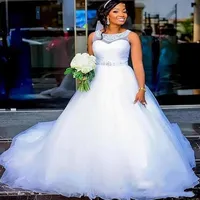 Cheap Plus Size Wedding Dresses With Sheer Jewel Neck Silver Beads Sash Puffy A Line African Bridal Dress Vestido De Noiva Wedding1842