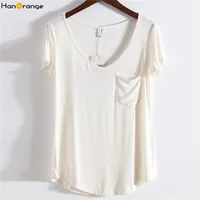 HanOrange Modal Plus Size Pocket Summer Short Sleeve Loose Women V-neck Pure Color Soft T-shirt Black Gray White Beige 220324