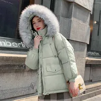 Big Fur Collar Hooded Winter Women Short Parkas Solid Warm Down Cotton Coat for Ladies Thicken Loose Zipper Cotton Padded Jacket X2737