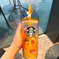 Starbucks mediados de otoño y tardío otoño lindo conejo otoño oro doble vidrio vidrio taza de beber regalo de vacaciones