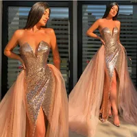Sexy Rose Gold Evening Dresses With Detachable Train Sweetheart Bling Sequins Tulle Mermaid Prom Dresses Custom Made Formal Party 253v