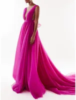 Fuchsia Engagement Evening Dress Sleeveless V Neck Tulle with Bow Sexy Backless Formal Prom Gowns 2023 Birthday Wear Abendkleider Robe De Soiree