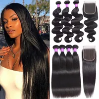 Brazilian Human Hair Bundles With Closure Body Wave Straight Hair Extensions Weft 9A Cheap Human Hair Weave Bundles With 4X4 Lace 303V