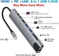 Anslutningar USB C HUB 8 I 1 Typ C 3.1 till 4K HDMI -adapter med RJ45 SD/TF -kortläsare PD Snabbladdning för MacBook Notebook Laptop Computer
