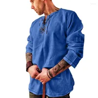 Herren T-Shirts Herrenhemd mittelalterlicher Wikingerpiraten Leinen Top Kostüm Renaissance Nordic Retro T-Shirt Bart Cosplay T-Shirt-Schnürung für Erwachsenengürtel