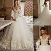 Ivory Luxurious Ball Gown Wedding Dresses Bateau Neck Off Shoulder Strapless Long Sleeves Appliques Beaded Sequins Lace Floor Length Bridal Ruffles Wedding Gowns