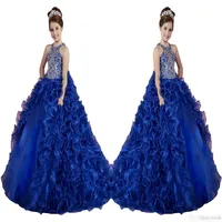 Luxury Royal Blue Little Girls Pageant Dresses Ruffled Crystal Beads Princess Dance Ball Gowns Kids Party For Wedding Flower Girl 273I