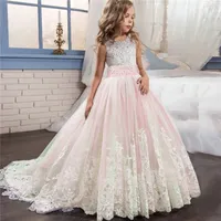 Kids Girl Elegant Weddings Pearl Petals Christmas Dress Princess Party Pageant Lace Fock Tulle för 6 7 8 9 10 11 12 14YRS 220426