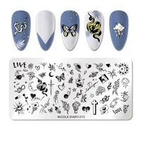 NICOLE DIARY Snake Pattern Nail Stamping Plates Heart Butterfly Leaf Flower Stamp Templates Marble Nail Art Stencil Tools